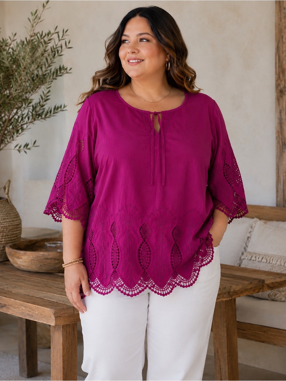 Lauren Ralph Lauren XL Eggplant Embroidered Lace Cotton Tunic Cottagecore Boho